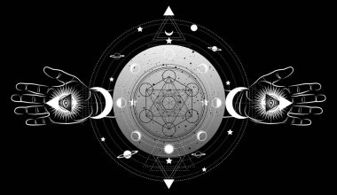 Metatron Küpü, Yaşam Çiçeği, Kutsal Geometri, elle ezoterik ruhani ikonu olan üçüncü göz ve ay evreleri. Üç ay içindeki mason sembolü pagan ay tanrıçası ikonu siyah üzerine izole edilmiş.