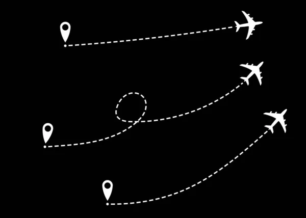 设置图标飞机航线路线. 飞机航线虚线。 旅游和旅行。 乘坐飞机的旅游路线。 跟踪旅行者用起点虚线。 在黑色背景上孤立的向量 — 图库矢量图片