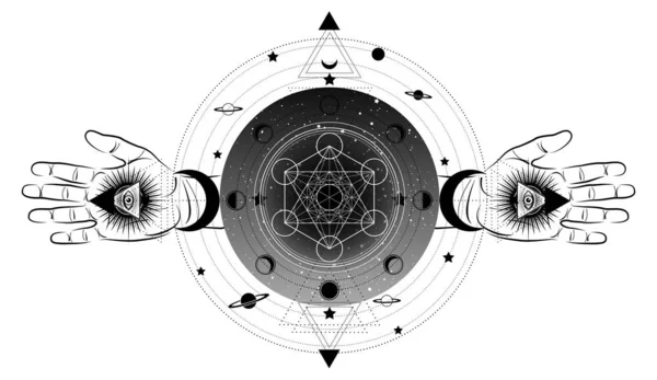 Metatron kocka, Életvirág, Szent geometria, harmadik szem kezével ezoterikus spirituális ikon és a Hold fázisok. Szabadkőműves szimbólum szem belül hármas hold pogány Wicca hold istennő ikon elszigetelt fehér — Stock Vector