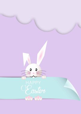 Mutlu Paskalya karikatürleri, kağıt kesim tarzı, beyaz tavşan ve renkli şablon, düz tasarım, taslak çizimler. Paskalya Tavşanı tebrik kartı, vektör tatil geçmişi