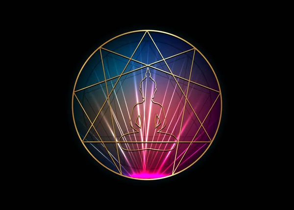 Návrh ikon enneagramu jógy pro infografiku a byznys. Zlatý Enneagram ikona, posvátná geometrie, s meditující buddha silueta uprostřed, vektorové ilustrace izolované na černém pozadí — Stockový vektor