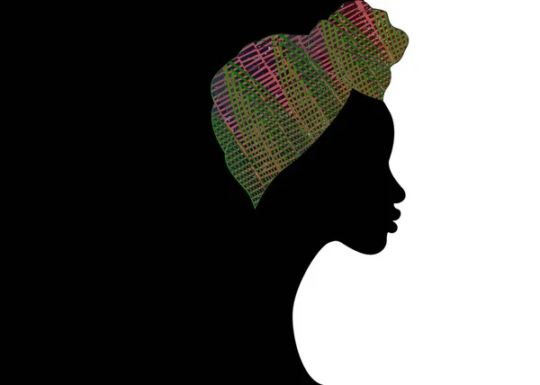 Portret pięknej Afro kobiety. Shenbolen Ankara Owiń głowy Kobiety Afrykański tradycyjny szalik Turban. Głowa Kente owija afrykańską tkaninę plemienną. Wektor ikona logo szablon tło broszury — Wektor stockowy