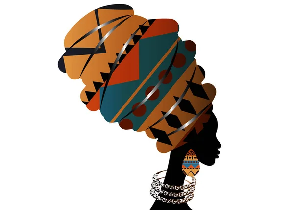 Portrait beautiful African woman in traditional turban wearing typical Afro ethnic jewelry. Vector isolated or white background — Stock Vector