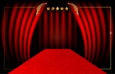 Hollywood lüksü ve zarif kırmızı halı olayı. Ünlüler, Başarı ve yıldızlar için kırmızı renk halısı giriş VIP 'si için prestijli olay vektörü kavramı