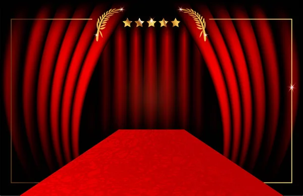 Hollywood luxe et élégant tapis rouge événement en perspective illustration. Tapis de couleur rouge pour célébrité, succès et étoiles concept vectoriel événement de prestige pour l'entrée vip — Image vectorielle