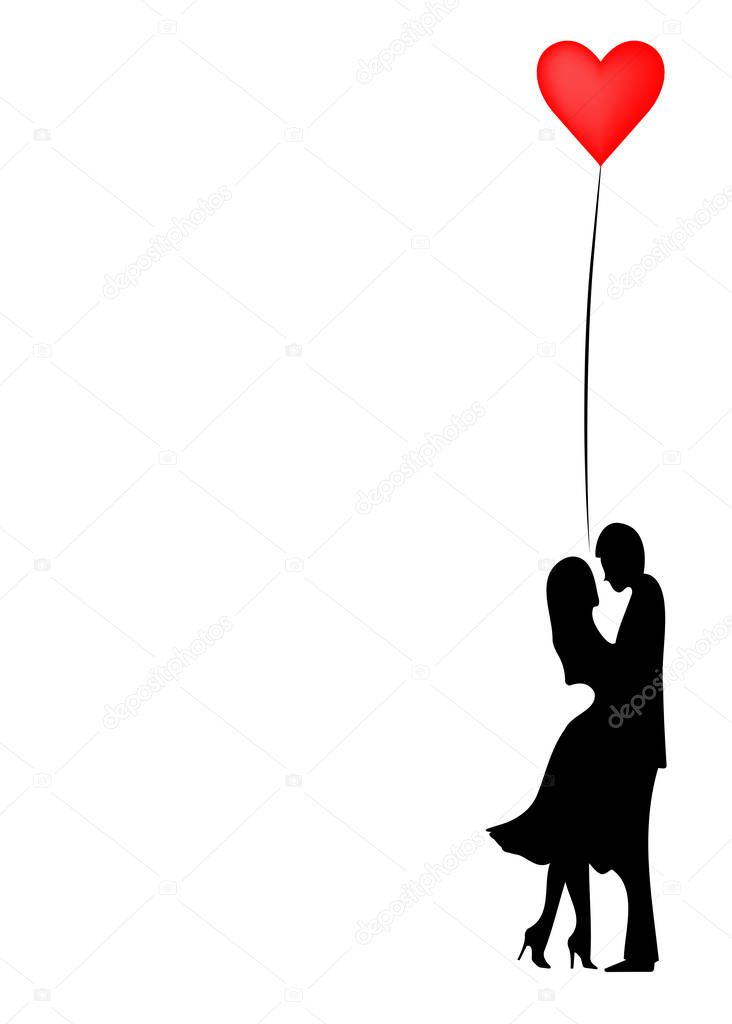 Romantic silhouette of loving couple. Valentines Day 14 February. Happy Lovers. Flat style. Vector  isolated or white background