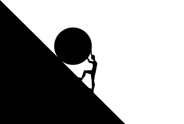 Man pushing big boulder uphill. Concept of fatigue, effort, courage, power, force Vector cartoon black silhouette in flat design isolated on white background — Stock Vector