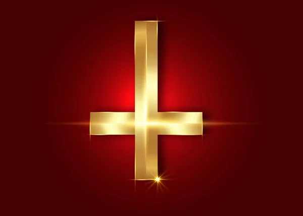 The Cross of Saint Peter or Petrine Golden Cross is an inverted Latin cross traditionally used as a Christian symbol, but in recent times also used as an anti-Christian symbol. Vector isolated on red — Stock Vector