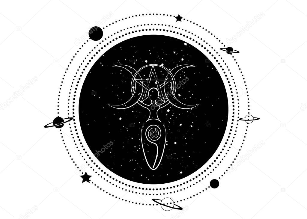 woman spiral goddess of fertility and triple moon wiccan. The spiral cycle of life, death and rebirth. Wicca pentacle,  mother earth symbol of sexual procreation, vector tattoo sign icon isolated
