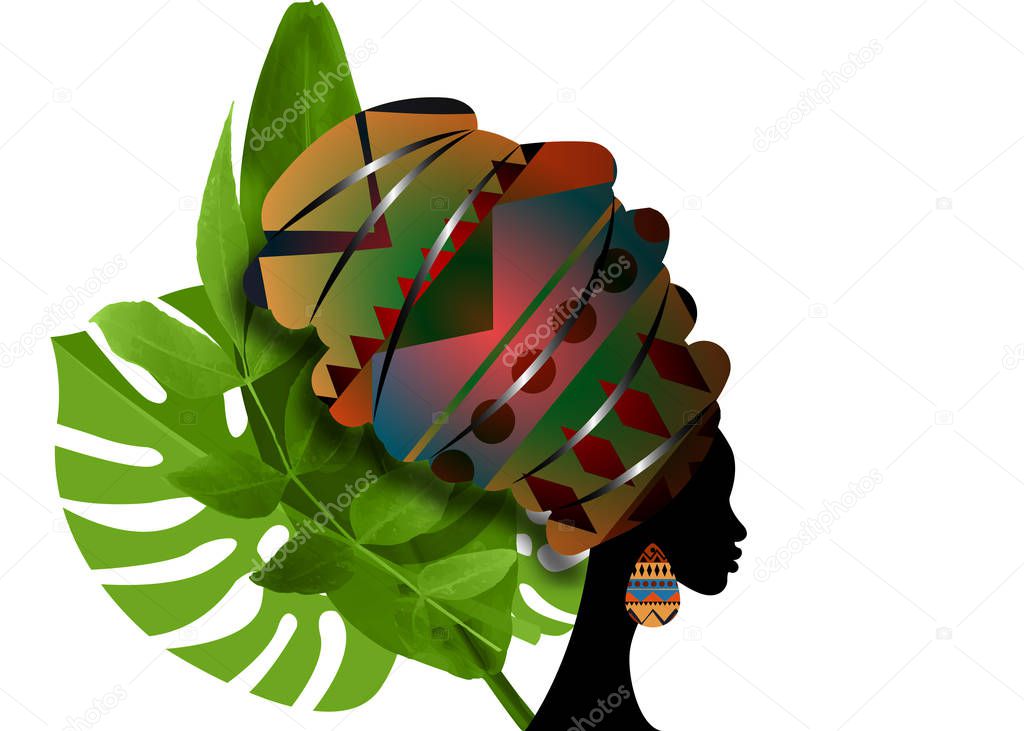 Afro portrait beautiful silhouette African woman in traditional turban, Kente head wrap Afro, Traditional dashiki printing Batik style geometric pattern. Vector isolated with green palm leaves