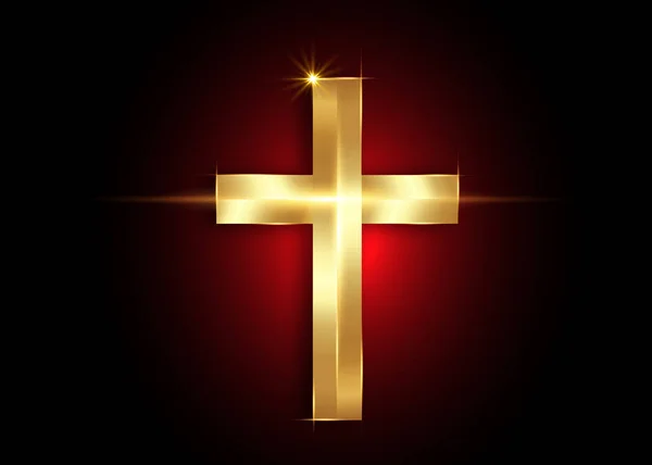 Symbole chrétien. Croix d'or, icône de la foi chrétienne isolée sur fond noir — Image vectorielle