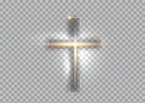 Cruz de luz, brillante Cruz con marco dorado símbolo de la cristiandad. Símbolo de esperanza y fe. Ilustración vectorial aislada sobre fondo transparente — Archivo Imágenes Vectoriales