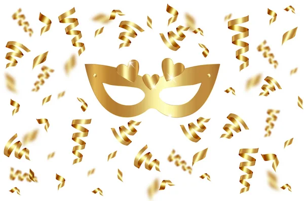 Karnevalsparty, goldene Karnevalsmaske, Maskerade, Faschingsgras. Karneval Goldschlangen Design, Nacht Party Plakat, Tanz Party Flyer, Musik Party Banner, Vektor vip Karneval Einladung — Stockvektor