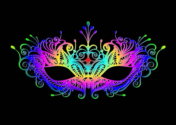 Carnaval masker pictogram veelkleurig silhouet geïsoleerd op zwarte achtergrond. laser gesneden masker met Venetiaans borduurwerk kleurrijke bloemdecoratie. Vectorillustratie — Stockvector