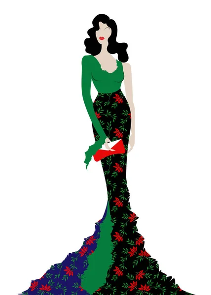 Modelo de moda en vestido de belleza floral, mujer sexy posando vestido de noche. Tienda logo silueta diva hermoso lujo cubierta chica retro mujer estilo vestido de noche 1940, 1950, plantilla vector aislado — Vector de stock