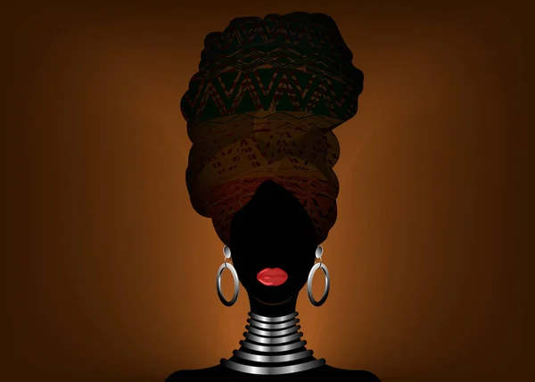 Cachecol africano, retrato de mulher afro num turbante geométrico. Moda de agasalho tribal, Ancara, Kente, kitenge, vestidos de mulheres africanos. Ao estilo nigeriano, um embrulho ganês. Vetor para impressão, cartaz, t-shirt, cartão —  Vetores de Stock