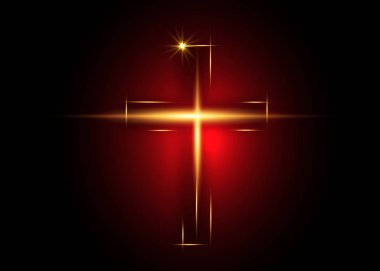 cross of light, shiny Cross with golden frame symbol of christianity. Symbol of hope and faith. Vector illustration isolated on dark red  background