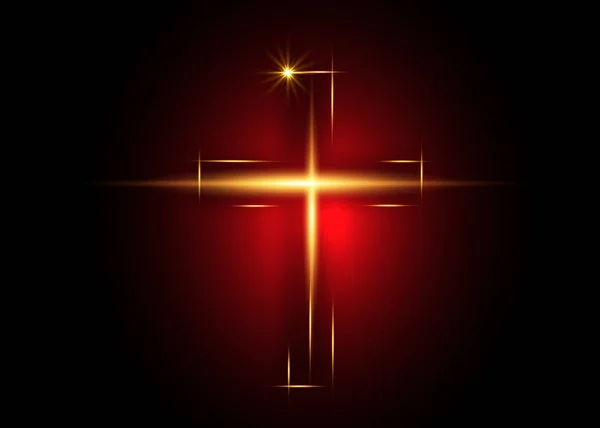 Cross of light, shiny Cross with golden frame symbol of christianity. Symbol of hope and faith. Vector illustration isolated on dark red  background — Stok Vektör
