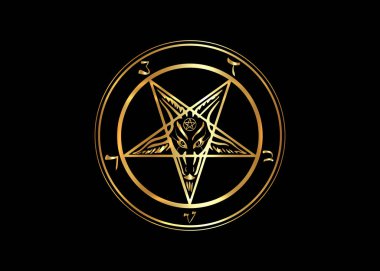 The Golden Sigil of Baphomet original Goat Pentagram on a bloody satanic symbol, vector isolated or black  background 