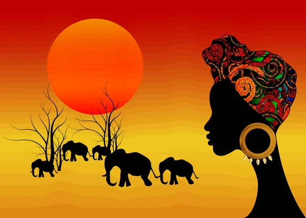 Landschaftsaufnahme von Afrika mit einer jungen Afrikanerin mit Turban, die zu Elefanten und aufgehender Sonne blickt. Vektorafrikanisches Safarikonzept für den Einsatz als Grundbild in der Reiseindustrie und den Notizen der Natur — Stockvektor