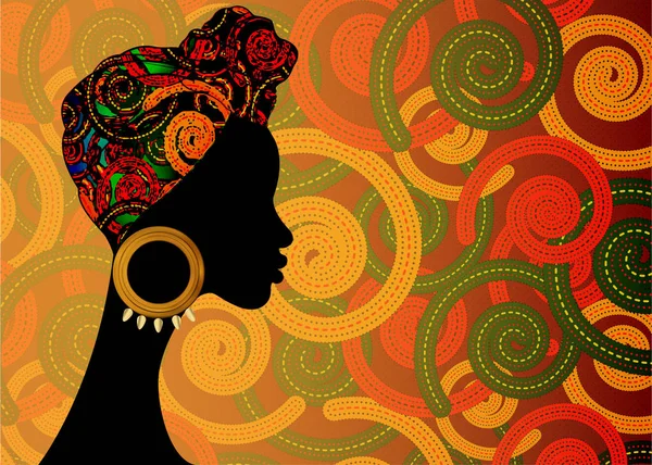 Retrato de la joven negra con turbante. Animación belleza africana. Ilustración a color vectorial aislada. Tradicional Kente cabeza abrigo africano con étnico batik africano Imprimir fondo de tela — Archivo Imágenes Vectoriales