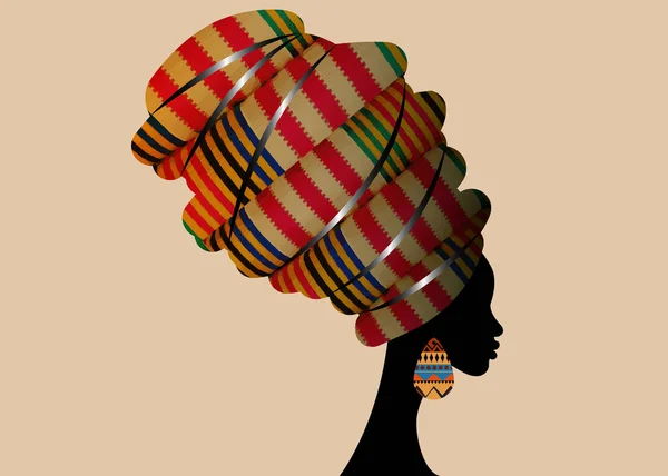 Portrait beautiful African woman in traditional turban wearing typical Afro ethnic jewelry. Vector isolated or beige background — Stock vektor