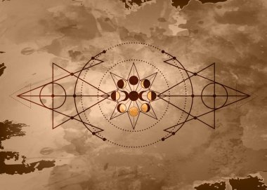 Ay evreleri ve üçlü ay. Mistik çizimler, enerji çemberleri, sihirli üçgenler. Kutsal geometri. Simya, cadı, ezoterik, okültizm. Tek renkli vektör grunge eski kağıt arkaplanda izole