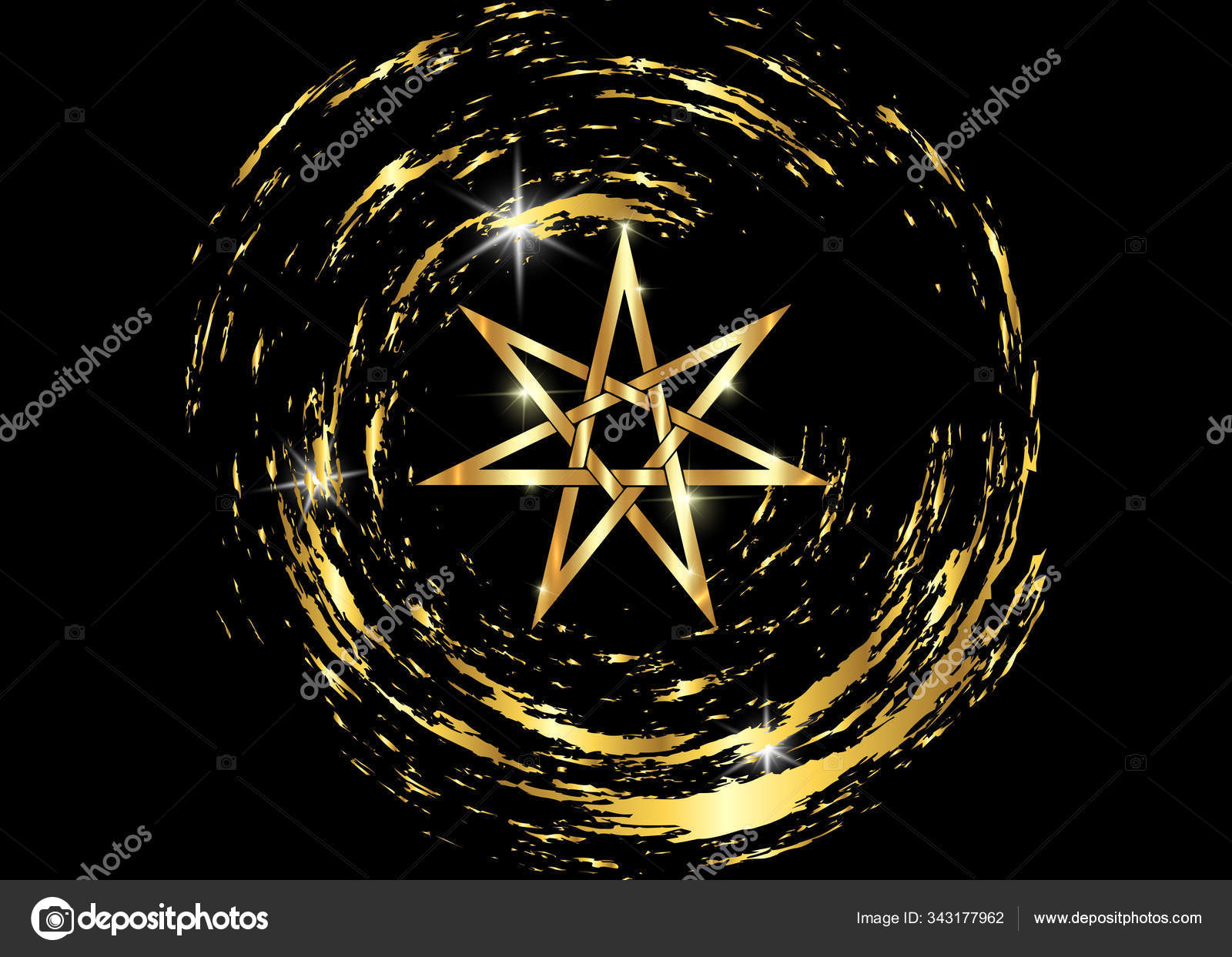 Seven point star or septagram, known as heptagram. Gold
