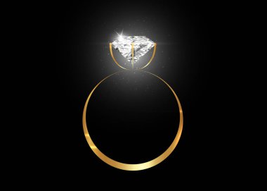 Vector dazzling diamond ring on black shining background. concept for chossing best diamond gem design. Realistic wedding gold ring isolated on black  clipart