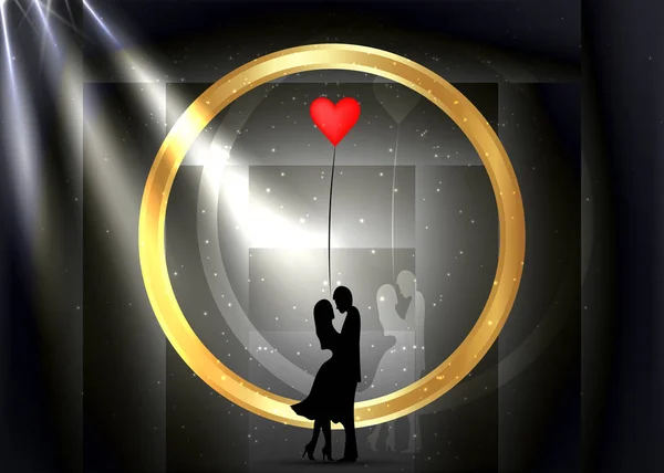 Χρυσό δαχτυλίδι Αγίου Βαλεντίνου έννοια ημέρα, ρομαντική χρυσή σιλουέτα της αγάπης ζευγάρι με κόκκινο μπαλόνι σχήμα καρδιάς. Ημέρα του Αγίου Βαλεντίνου 14 Φεβρουαρίου. Χαρούμενοι εραστές απομονωμένοι σε μαύρο γεωμετρικό υπόβαθρο — Διανυσματικό Αρχείο