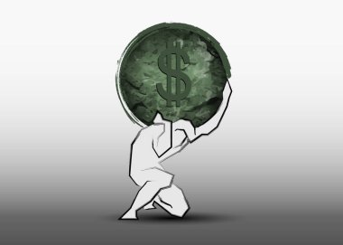 İş adamı sırtında büyük bir Amerikan doları işareti taşıyor. Aşırı yüklü bir adam, zor bir yük ve borç baskısı. İş yolsuzluğu sorunu. Vektör Finansal kriz kavramı izole edildi