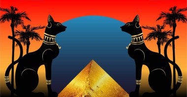 Egyptian cats and Antique Pyramid. Bastet, ancient Egypt goddess and palms, statue profile with Pharaonic gold jewelry. Egypt Pyramid Landmark Concept, Cairo City, Vector illustration  clipart