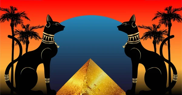 Egyptiska katter och antika pyramiden. Bastet, forntida Egypten gudinna och palmer, staty profil med faraoniska guld smycken. Egypten Pyramid Landmark Concept, Kairo City, Vektor illustration — Stock vektor