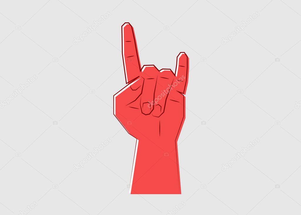 red hand making Devil's horns, single line drawing, Rock n roll sign, line art style sign, vector isolated on grey background