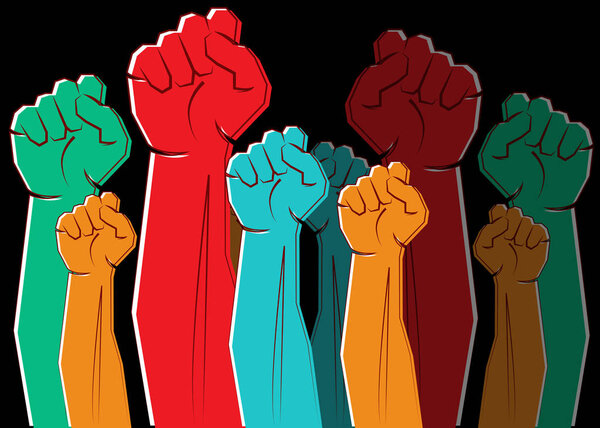 colorful clenched fists hands raised in the air. Protest, strength, freedom, revolution, rebel, revolt concept design vector illustration isolated on black background