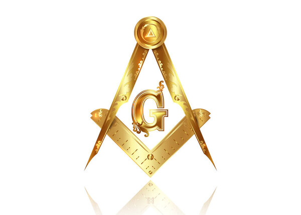 Gold freemasonry emblem - the masonic square and compass symbol. All seeing eye of god in sacred geometry triangle, masonry and illuminati symbol, golden logo design element. vector isolated on white