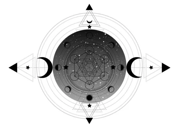 Cubo Metatrones Flor Vida Geometría Sagrada Icono Espiritual Esotérico Fases — Vector de stock