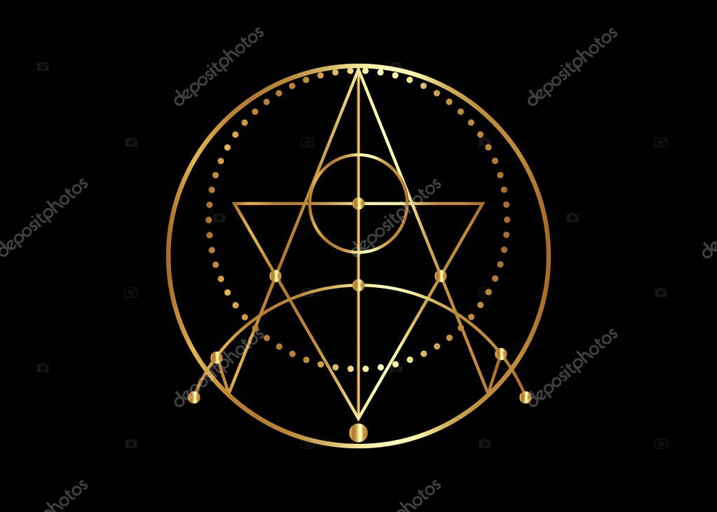 Golden Sigil of Protection. Magical Amulets. Can be used as tattoo, gold logos sign and prints. Wiccan occult symbol, sacred geometry, luxury vector isolated on black background