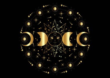 Üçlü ay, Altın Pagan Tanrıça sembolü, güneş sistemi, ay evreleri, gezegenlerin yörüngeleri, enerji çemberi. Yılın çarkının kutsal geometrisi, şeffaf beyaz arkaplanda izole edilmiş vektör