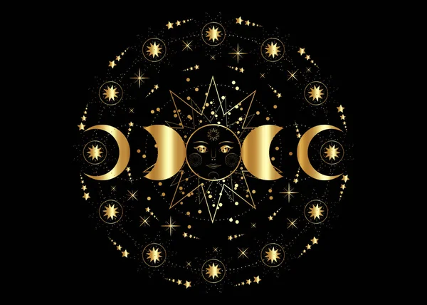 Triple Luna Símbolo Diosa Wicca Pagana Dorada Sistema Solar Fases — Vector de stock