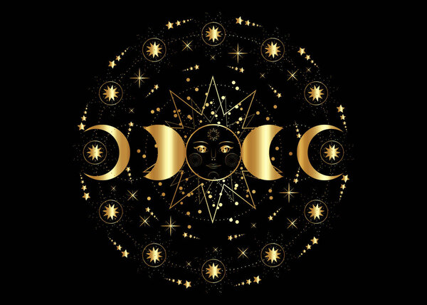Тройная луна, символ золотой языческой викканской богини, солнечная система, фазы луны, орбиты планет, энергетический круг. Сакральная геометрия колеса года, вектор изолирован на прозрачном белом фоне
