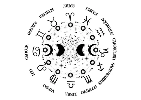 Roda Dos Signos Zodíaco Lua Tripla Pagão Símbolo Deusa Wiccan —  Vetores de Stock