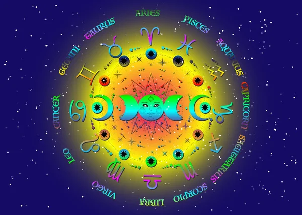 Колесо Знаков Зодиака Тройной Луны Красочный Символ Языческой Викканской Богини — стоковый вектор