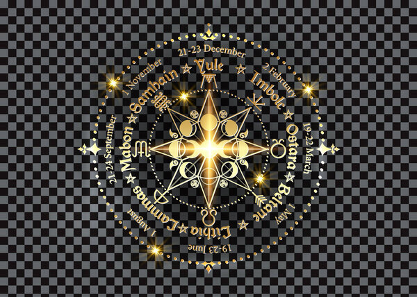 wheel of the Year is an annual cycle of seasonal festivals. Gold Wiccan calendar and holidays. Compass with triple moon Wicca pagan goddess and moon phases symbol, names in Celtic of the Solstices