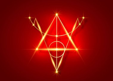 Bright Gold Sigil of Protection. Magical Amulet of light. Can be used as tattoo, logos and prints. Golden Wiccan occult symbol, shiny sacred geometry, vector isolated on dark red background clipart