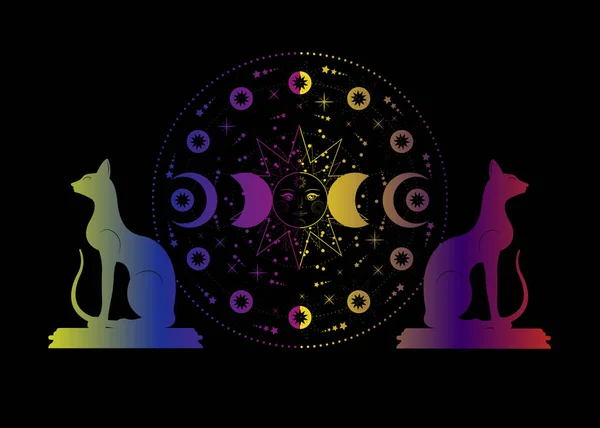Potrójny Księżyc Koty Pogański Symbol Bogini Wiccan Układ Słoneczny Fazy — Wektor stockowy