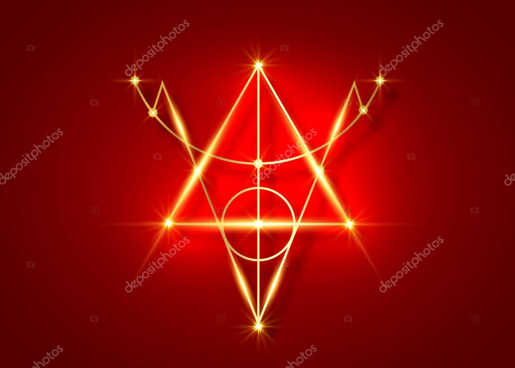 Bright Gold Sigil of Protection. Magical Amulet of light. Can be used as tattoo, logos and prints. Golden Wiccan occult symbol, shiny sacred geometry, vector isolated on dark red background