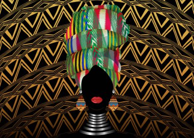 Shenbolen Ankara 'daki güzel Afro kadının portresi. Geleneksel Afrika Başörtüsü Türban. Renkli Kente kafa örtüsü. Dashiki etnik kumaş tasarımı, eski doku. Vektör batik arkaplanı