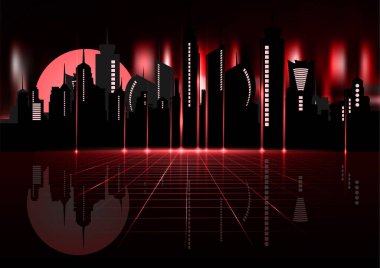 Night City Skyline 'lı 80' lerin Retro bilim kurgu geçmişi. 1980 'lerin poster tarzında vektör sentetik retro dalga illüstrasyonu. 80 'lerde, 90' larda herhangi bir baskı tasarımı için uygun.