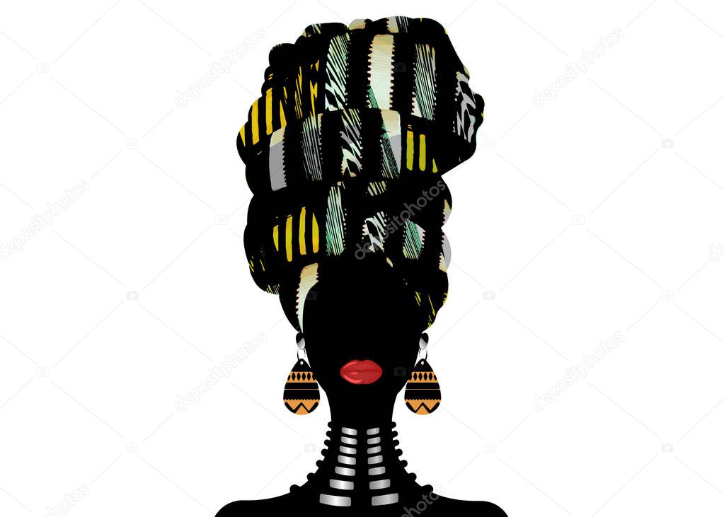 portrait beautiful Afro woman in Shenbolen Ankara Headwrap. African Traditional Headtie Scarf Turban. Colorful Kente head wraps. Dashiki ethnic fabric design, old texture. Vector isolated